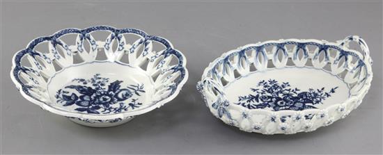 Two Worcester pine cone pattern blue and white baskets, c.1770-5, 21cm and 19.5cm